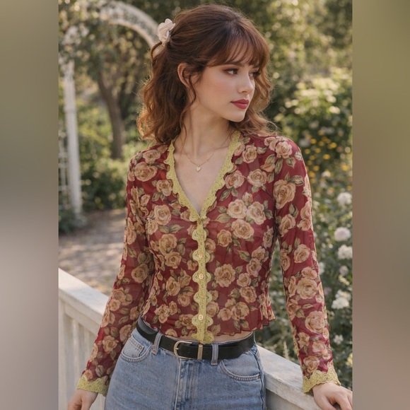 Vintage Tops - Vintage Floral Sheer lace trim Button-Up Blouse top